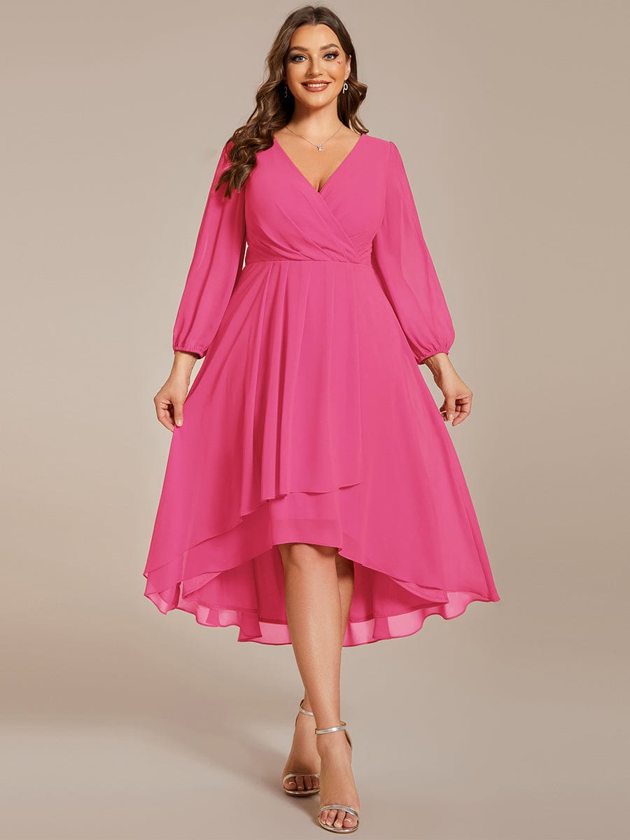 Long Sleeves Asymmetrical Hem A-Line Midi Wedding Guest Dress #color_Hot Pink