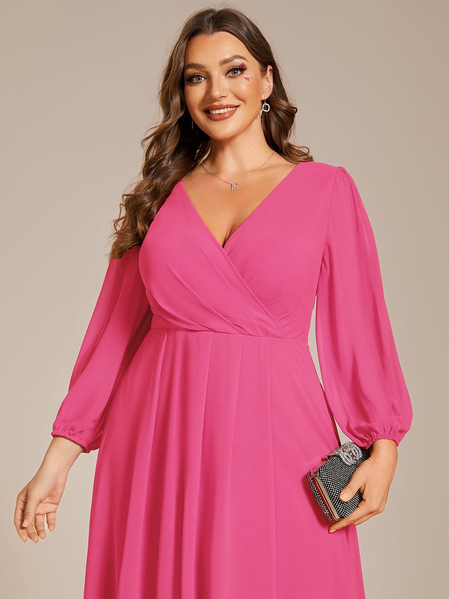 Long Sleeves Asymmetrical Hem A-Line Midi Wedding Guest Dress #color_Hot Pink