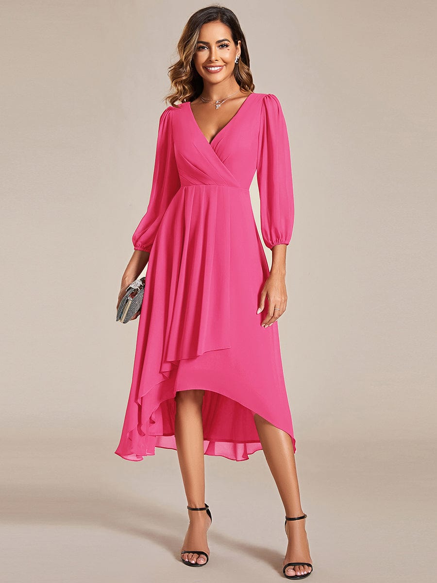 Long Sleeves Asymmetrical Hem A-Line Midi Wedding Guest Dress #color_Hot Pink