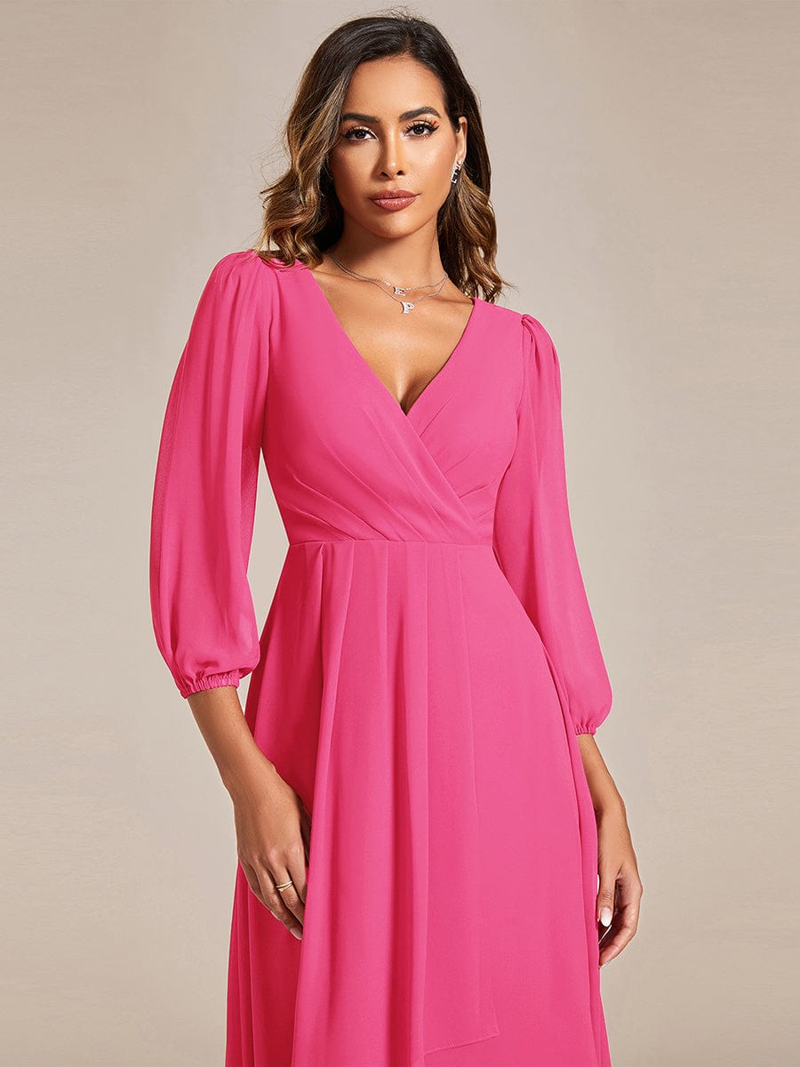 Long Sleeves Asymmetrical Hem A-Line Midi Wedding Guest Dress #color_Hot Pink