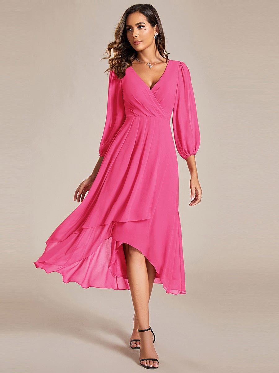 Long Sleeves Asymmetrical Hem A-Line Midi Wedding Guest Dress #color_Hot Pink