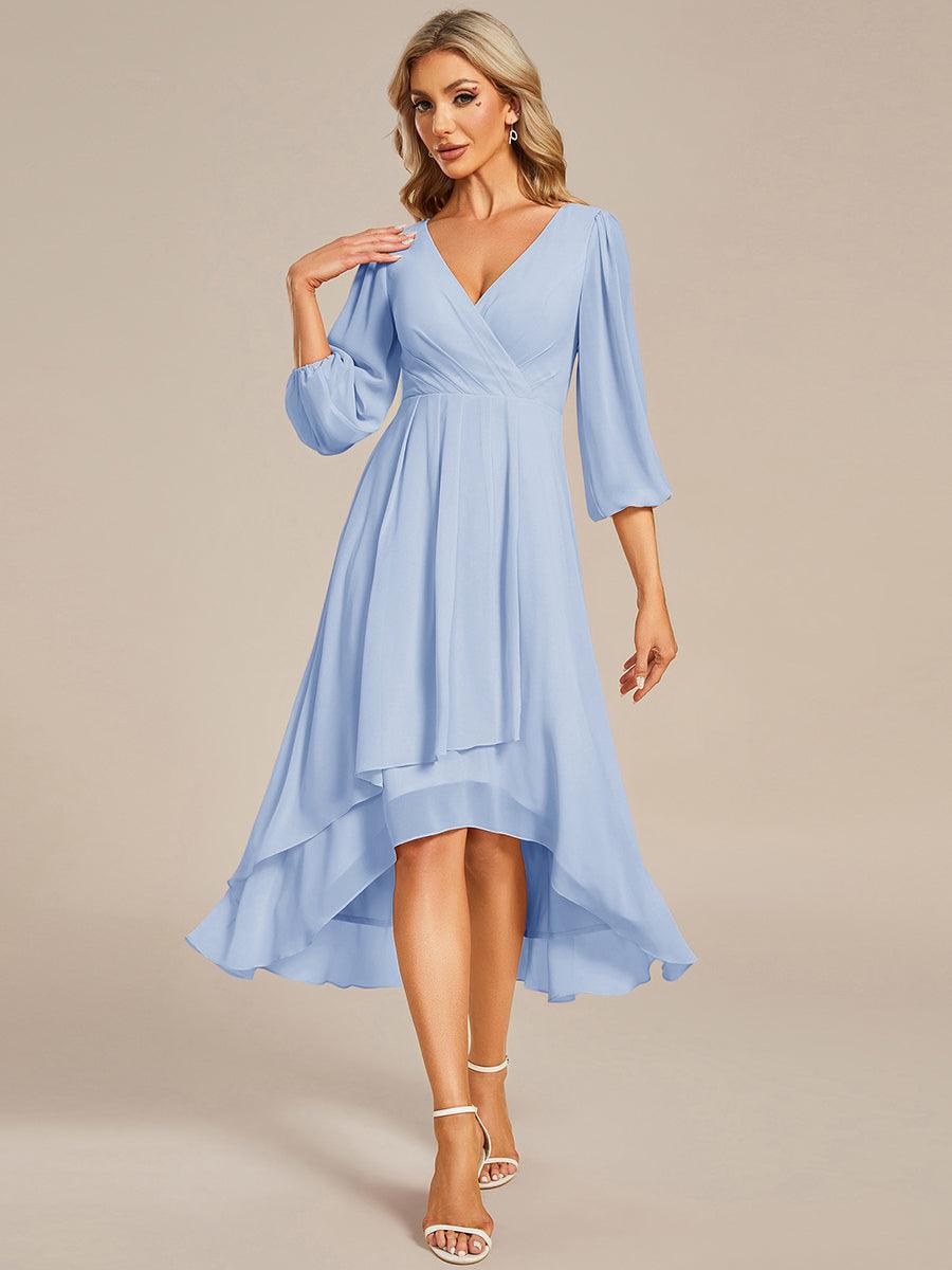 See-Through Long Sleeves V-Neck A-Line Chiffon Wedding Guest Dress #color_Ice Blue