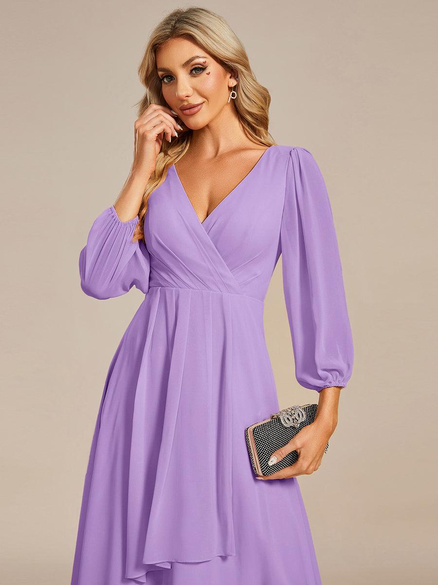 See-Through Long Sleeves V-Neck A-Line Chiffon Wedding Guest Dress #color_Lavender