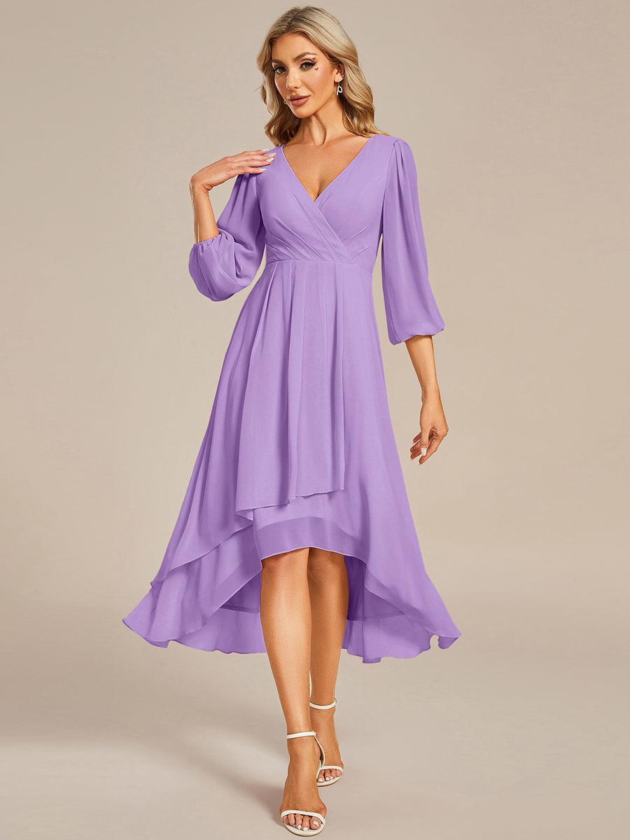 See-Through Long Sleeves V-Neck A-Line Chiffon Wedding Guest Dress #color_Lavender