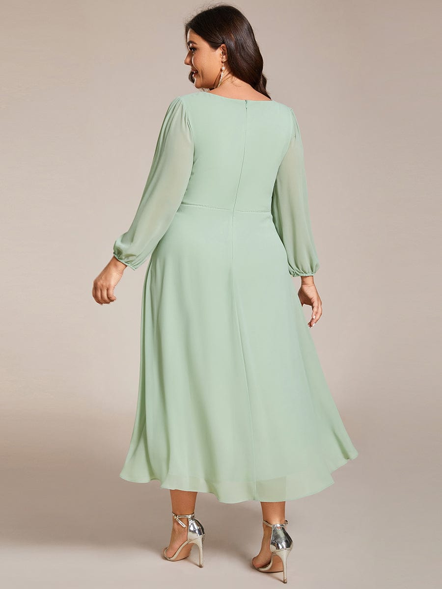 Long Sleeves Asymmetrical Hem A-Line Midi Wedding Guest Dress #color_Mint Green