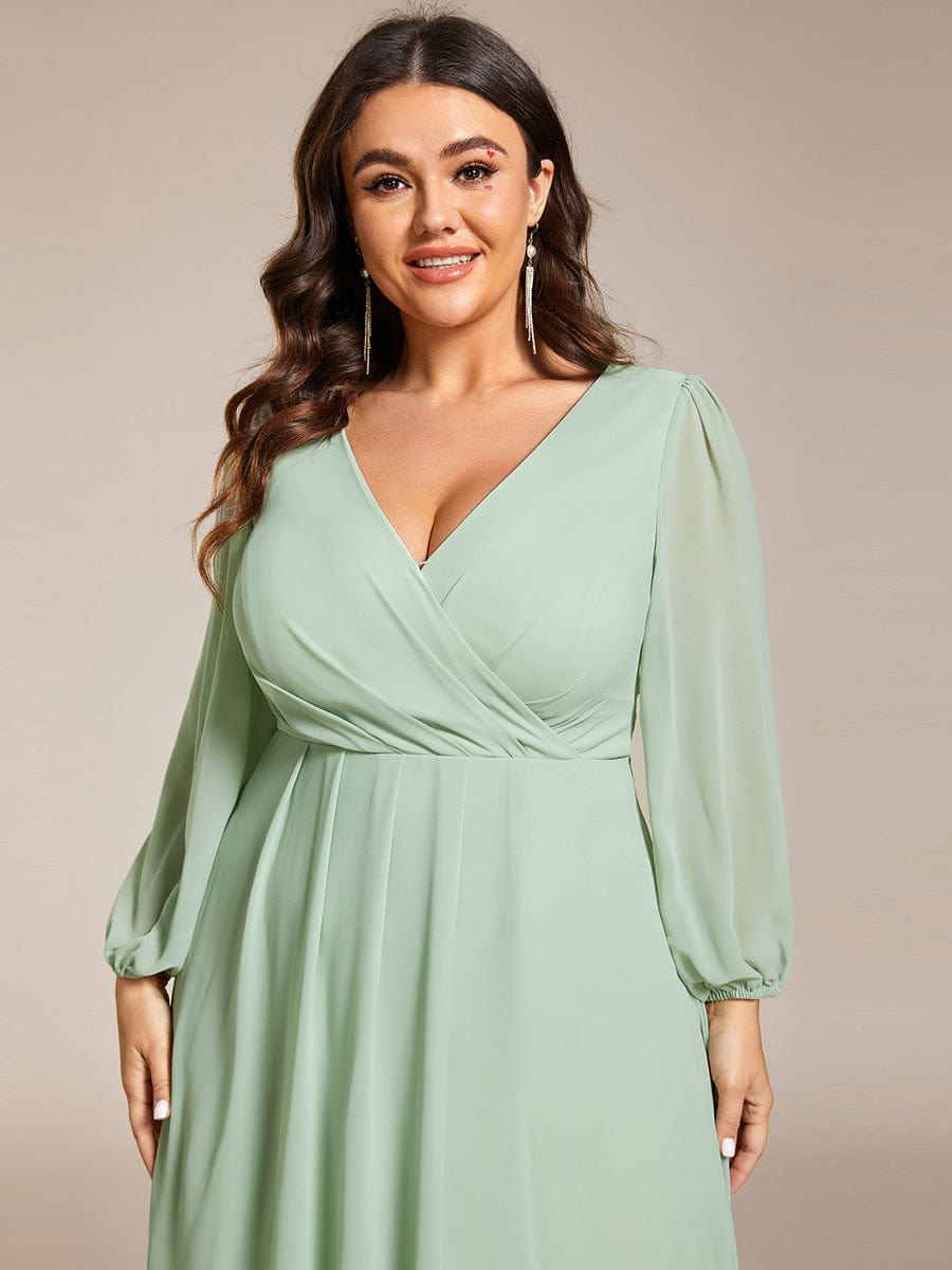 Plus Size Chiffon A-Line Long Sleeves Asymmetrical Hem Wedding Guest Dress #color_Mint Green
