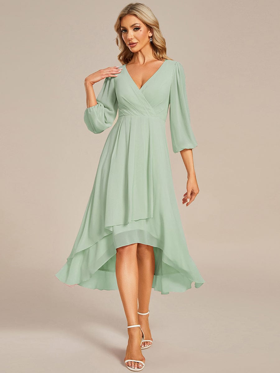 Long Sleeves Asymmetrical Hem A-Line Midi Wedding Guest Dress #color_Mint Green