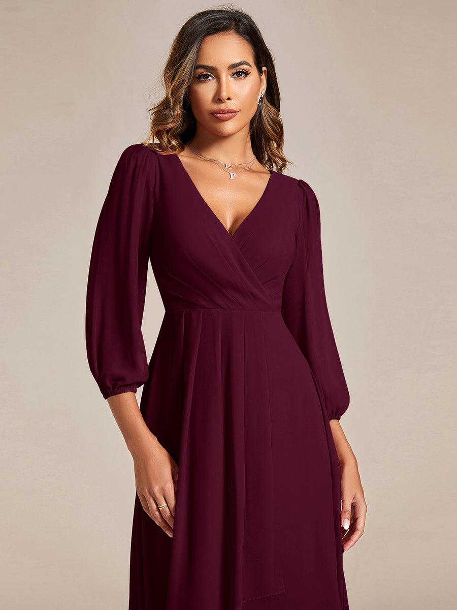 See-Through Long Sleeves V-Neck A-Line Chiffon Wedding Guest Dress #color_Mulberry