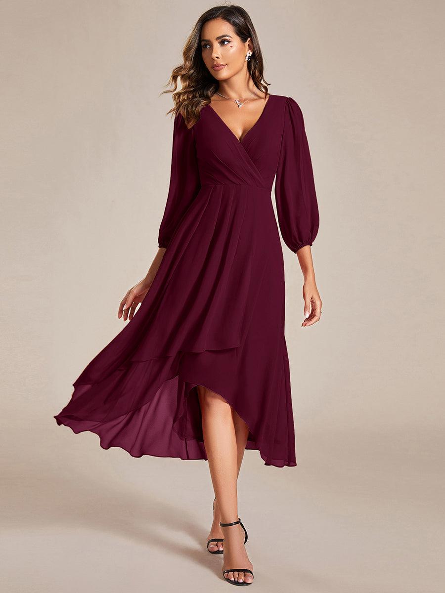 See-Through Long Sleeves V-Neck A-Line Chiffon Wedding Guest Dress #color_Mulberry