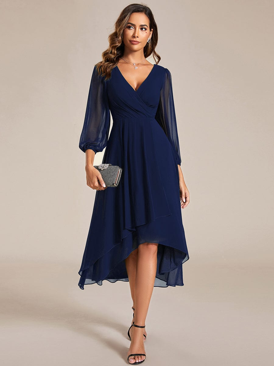 Pleated V Neck Long Sleeves Asymmetrical Hem Wedding Guest Dress Ever Pretty US