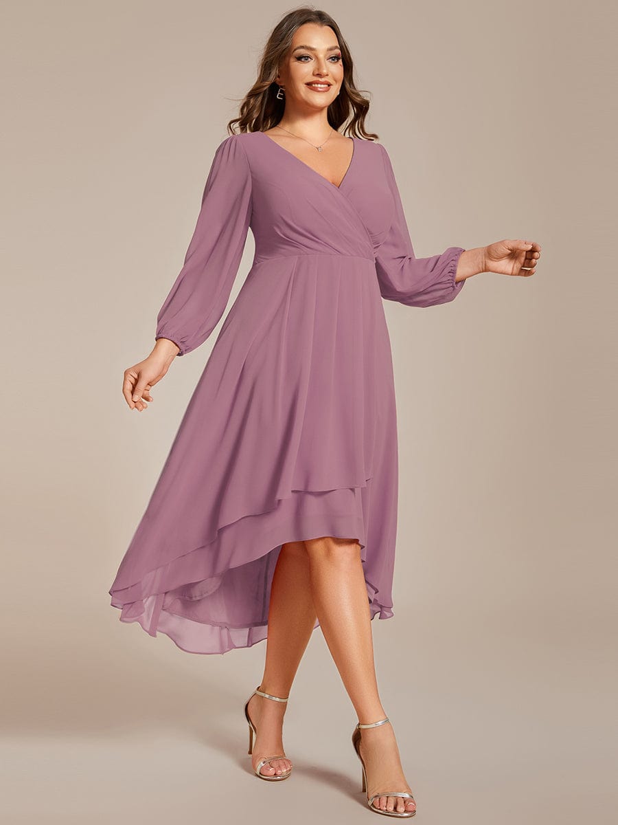 Plus Size Chiffon A-Line Long Sleeves Asymmetrical Hem Wedding Guest Dress #color_Purple Orchid