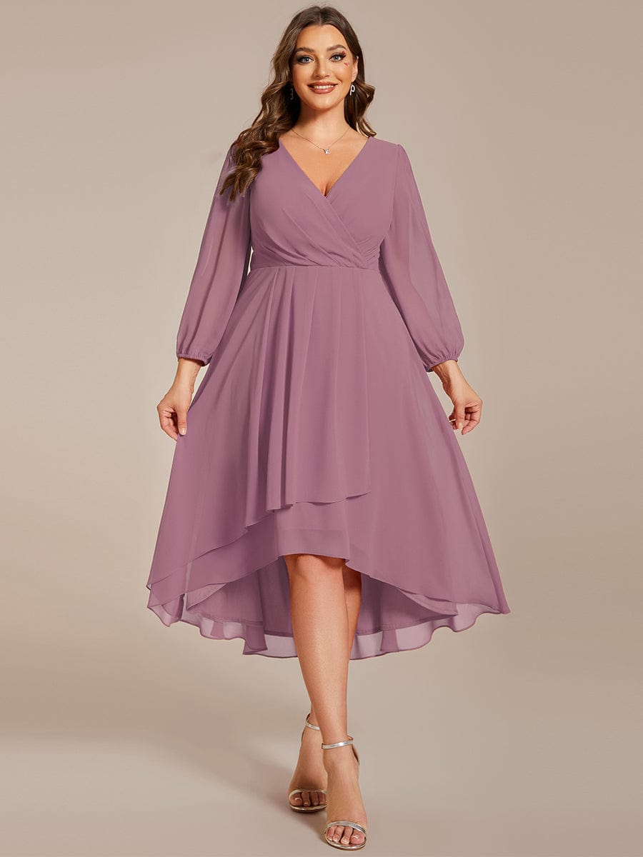Plus Size Chiffon A-Line Long Sleeves Asymmetrical Hem Wedding Guest Dress #color_Purple Orchid