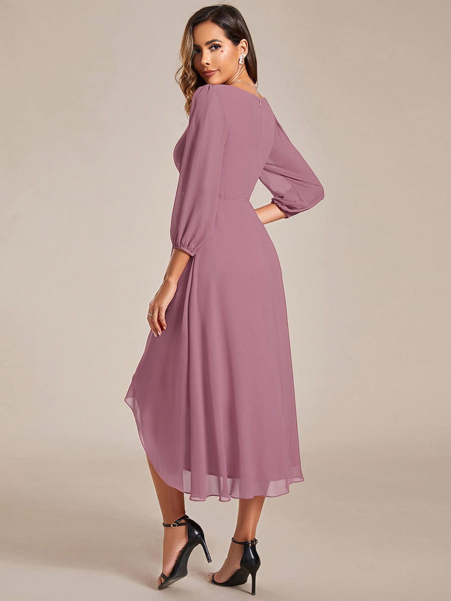 Long Sleeves Asymmetrical Hem A-Line Midi Wedding Guest Dress #color_Purple Orchid