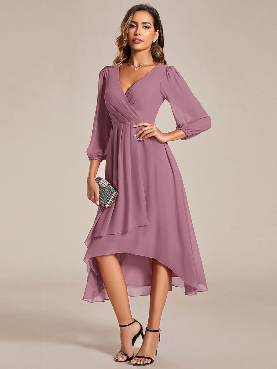 Long Sleeves Asymmetrical Hem A-Line Midi Wedding Guest Dress #color_Purple Orchid