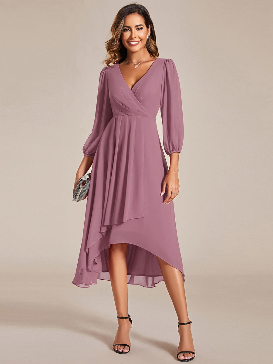 Long Sleeves Asymmetrical Hem A-Line Midi Wedding Guest Dress #color_Purple Orchid