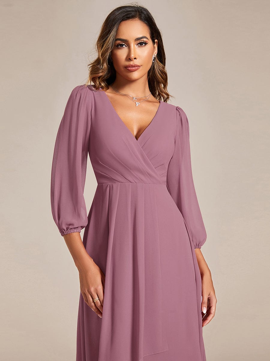 Long Sleeves Asymmetrical Hem A-Line Midi Wedding Guest Dress #color_Purple Orchid