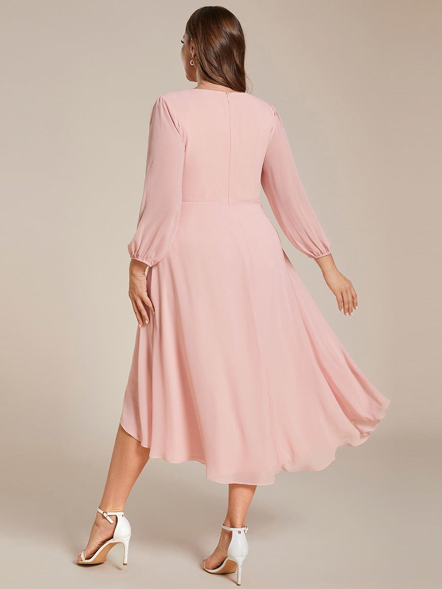 Long Sleeves Asymmetrical Hem A-Line Midi Wedding Guest Dress #color_Pink