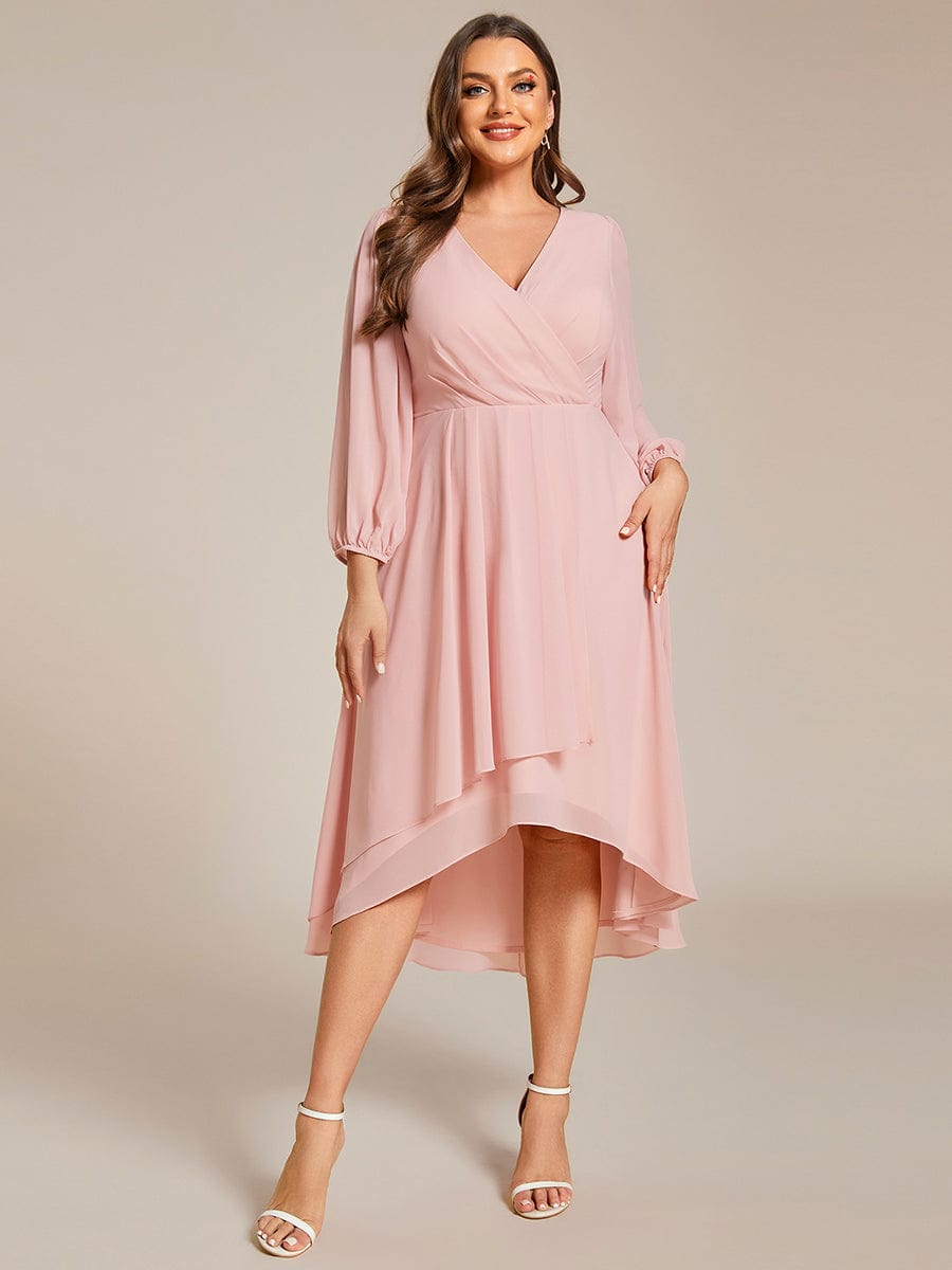 Plus Size Chiffon A-Line Long Sleeves Asymmetrical Hem Wedding Guest Dress #color_Pink