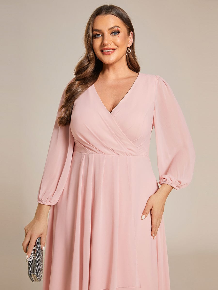 Long Sleeves Asymmetrical Hem A-Line Midi Wedding Guest Dress #color_Pink