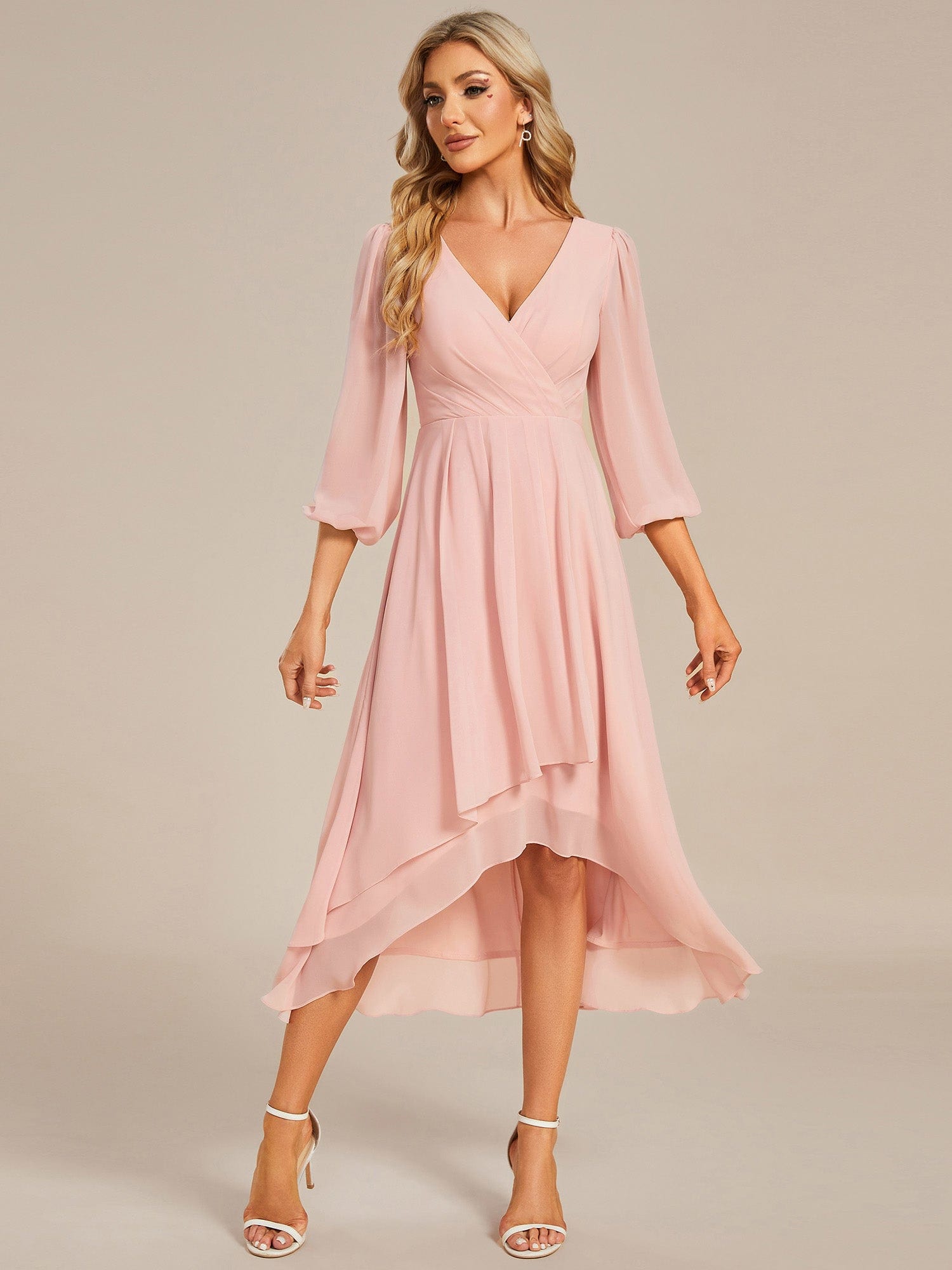 Long Sleeves Asymmetrical Hem A-Line Midi Wedding Guest Dress #color_Pink