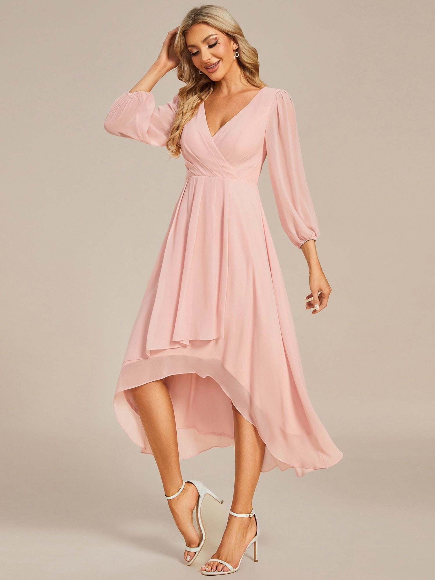Long Sleeves Asymmetrical Hem A-Line Midi Wedding Guest Dress #color_Pink