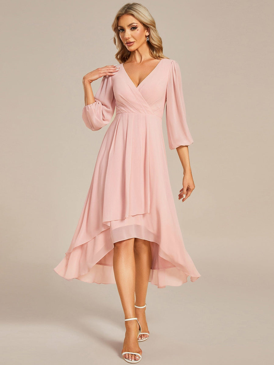 Long Sleeves Asymmetrical Hem A-Line Midi Wedding Guest Dress #color_Pink