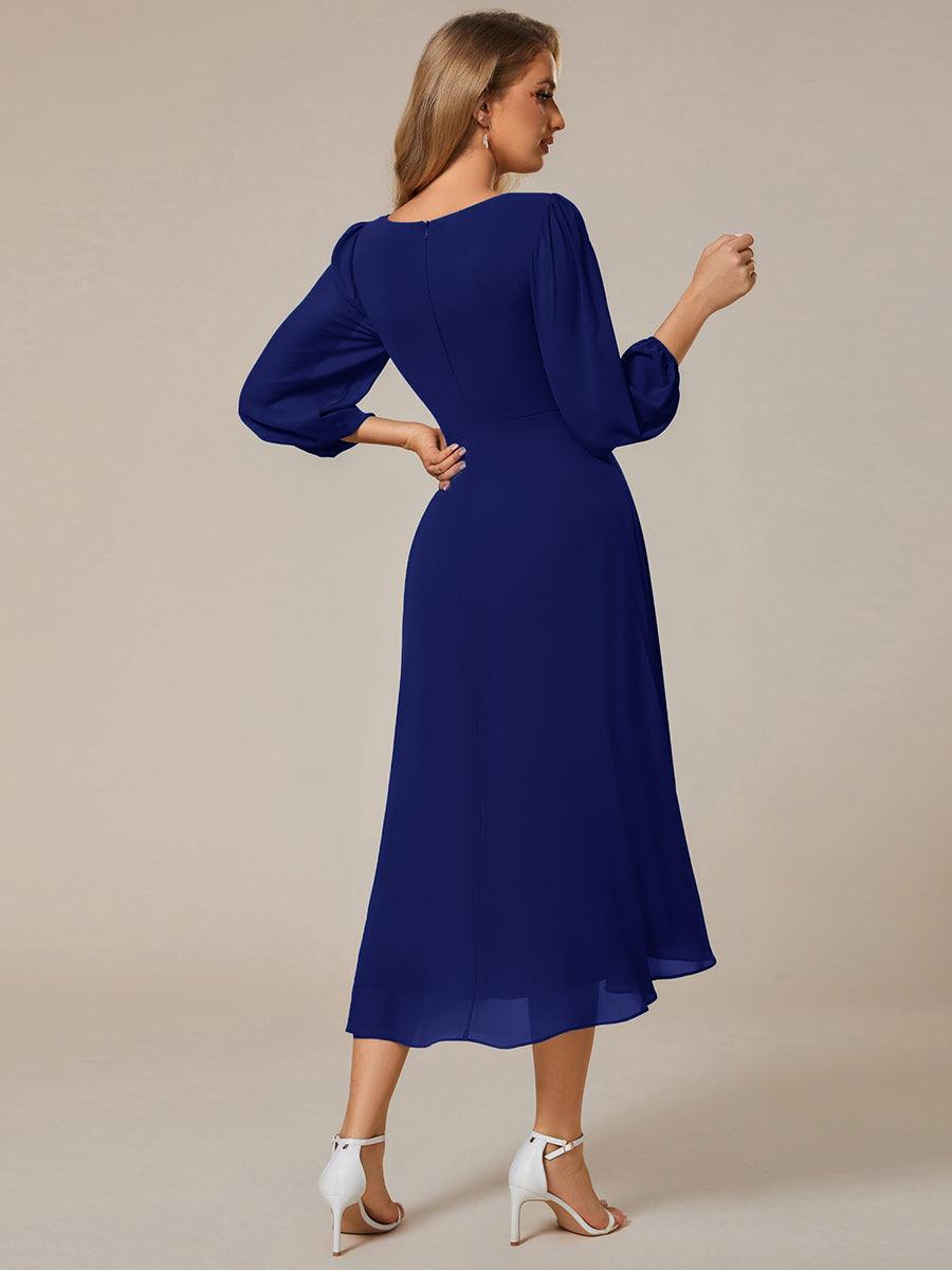 See-Through Long Sleeves V-Neck A-Line Chiffon Wedding Guest Dress #color_Royal Blue