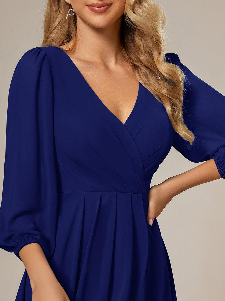 See-Through Long Sleeves V-Neck A-Line Chiffon Wedding Guest Dress #color_Royal Blue