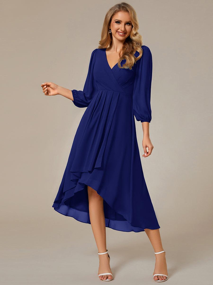 See-Through Long Sleeves V-Neck A-Line Chiffon Wedding Guest Dress #color_Royal Blue