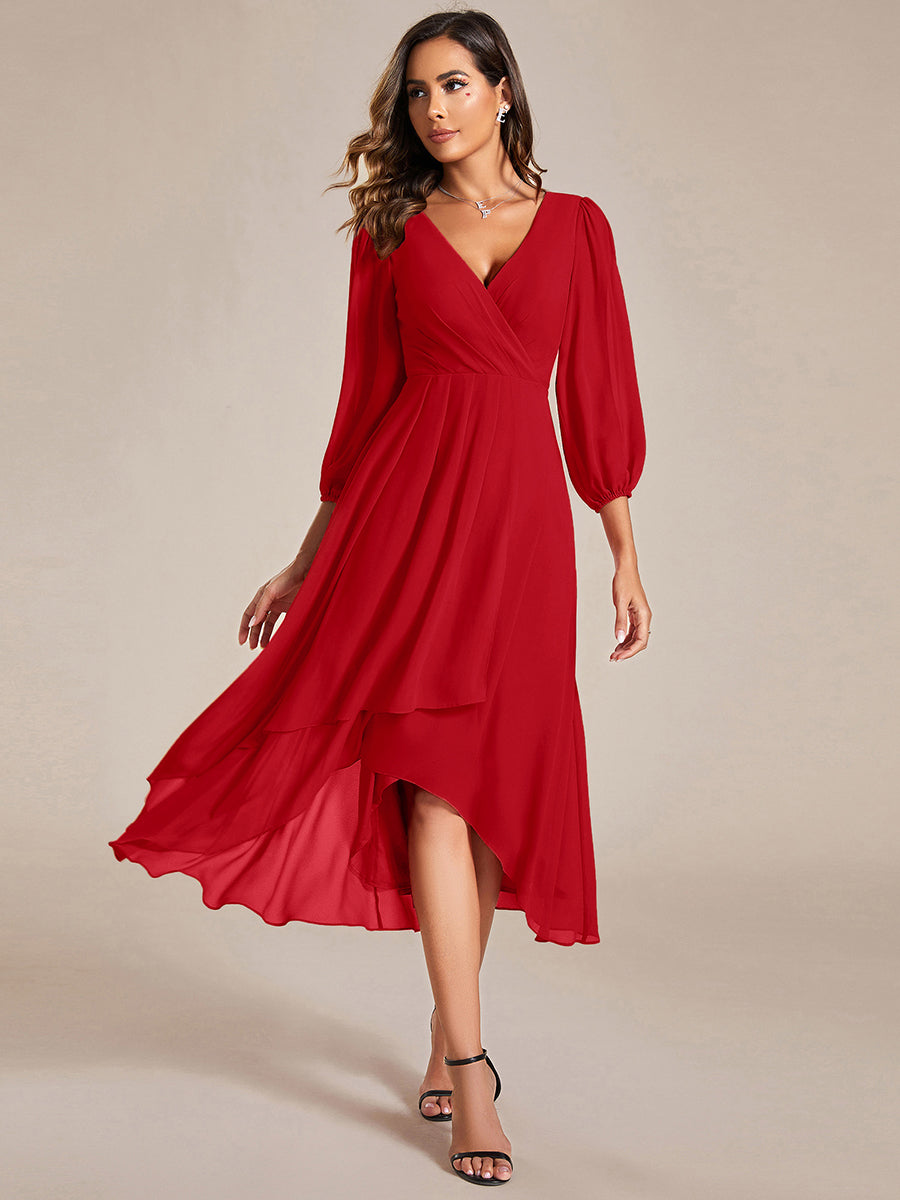 See-Through Long Sleeves V-Neck A-Line Chiffon Wedding Guest Dress #color_Red