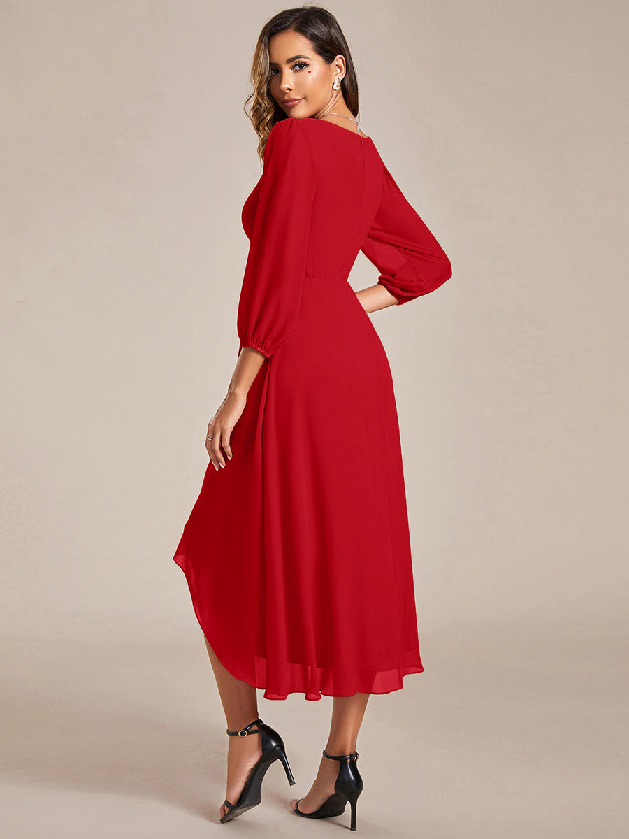 See-Through Long Sleeves V-Neck A-Line Chiffon Wedding Guest Dress #color_Red