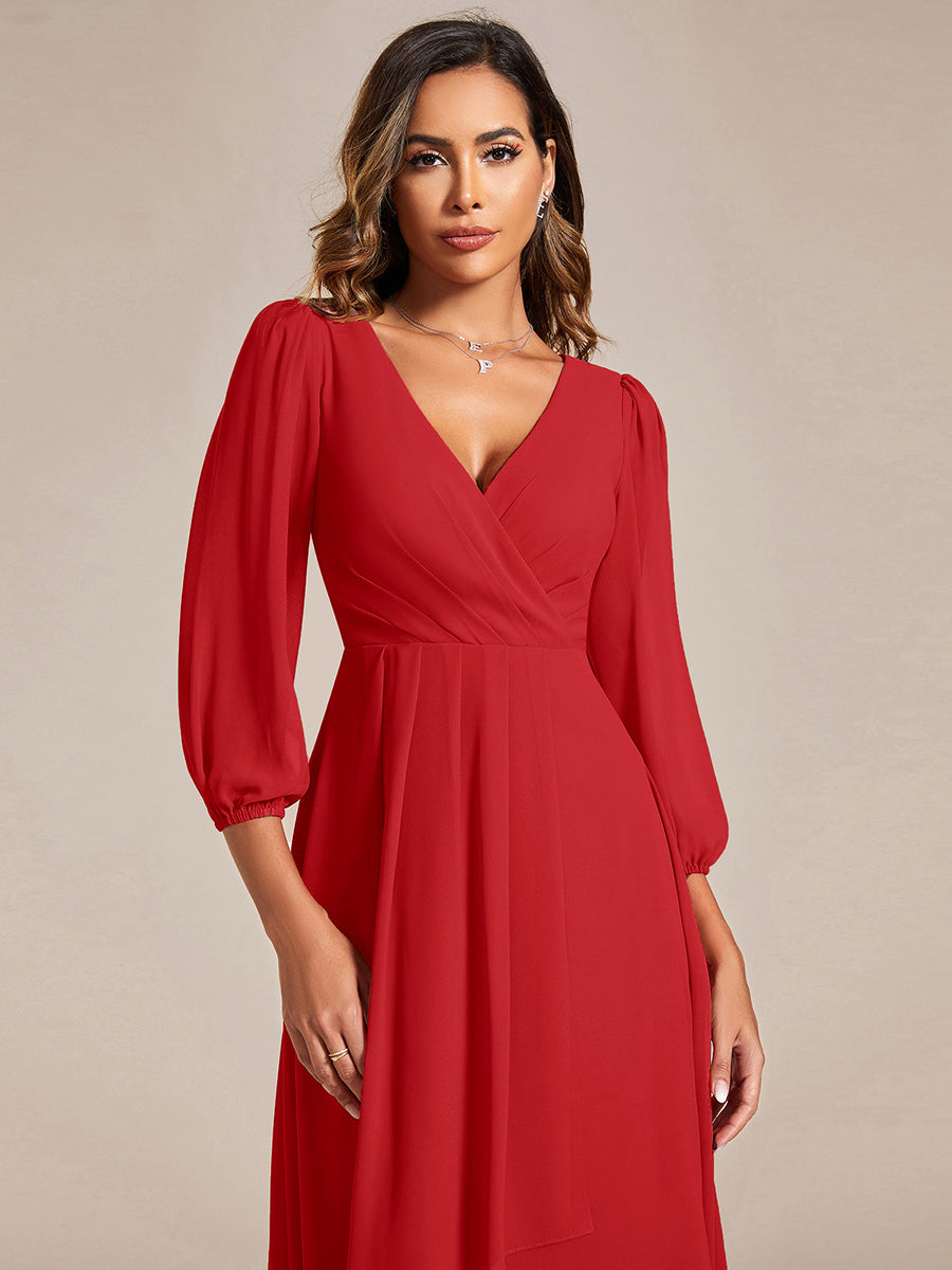 See-Through Long Sleeves V-Neck A-Line Chiffon Wedding Guest Dress #color_Red