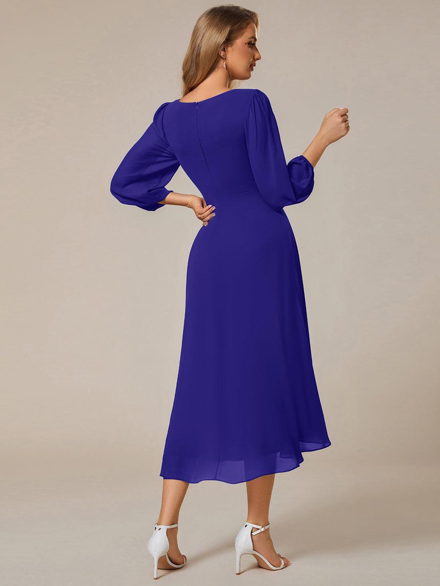 See-Through Long Sleeves V-Neck A-Line Chiffon Wedding Guest Dress #color_Sapphire Blue