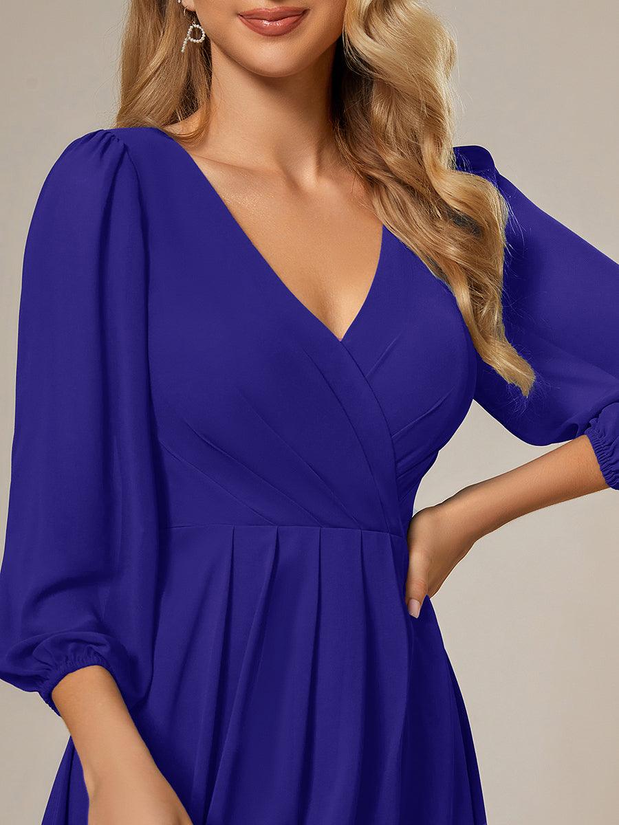 See-Through Long Sleeves V-Neck A-Line Chiffon Wedding Guest Dress #color_Sapphire Blue