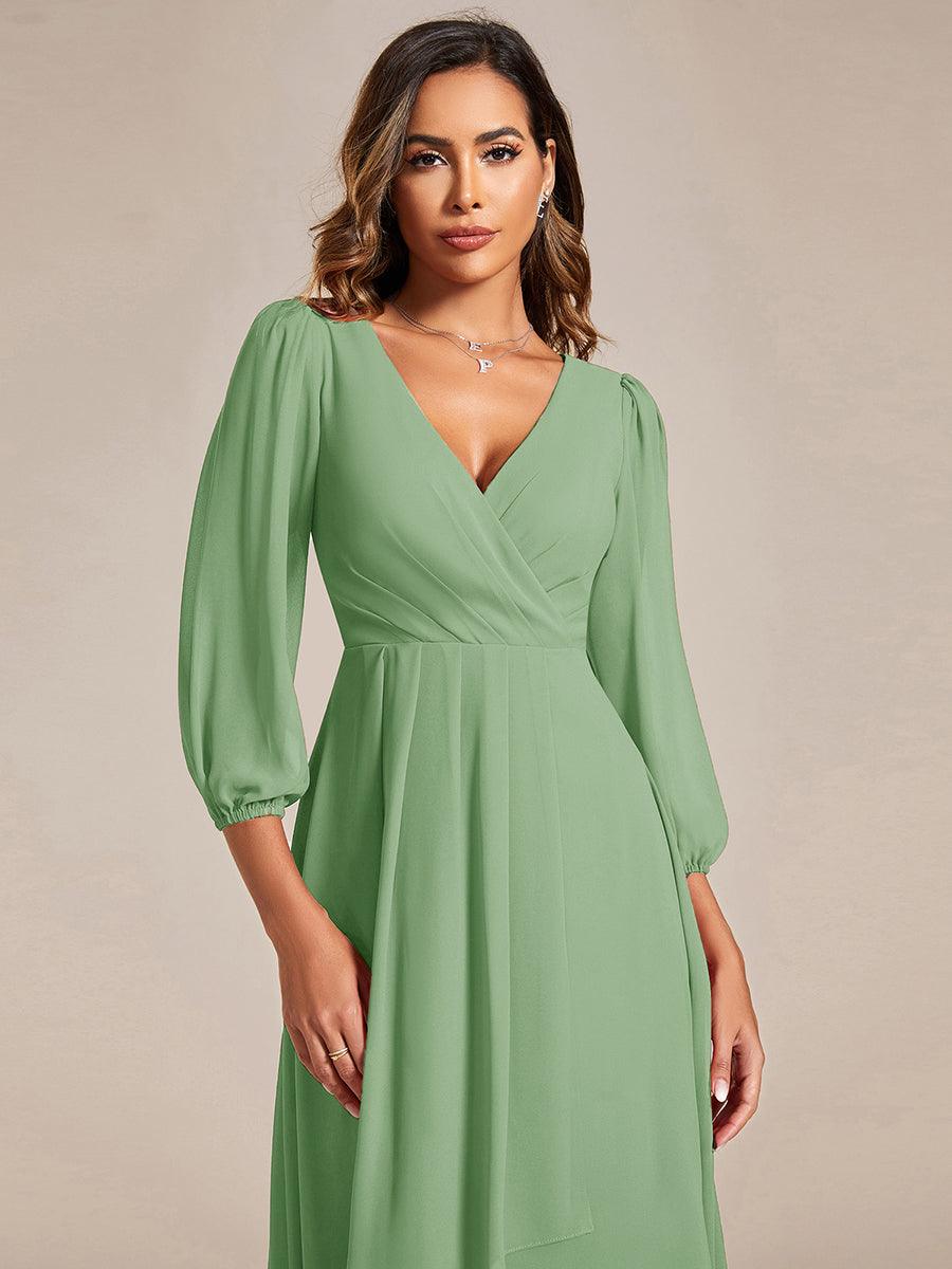 See-Through Long Sleeves V-Neck A-Line Chiffon Wedding Guest Dress #color_Sage Green