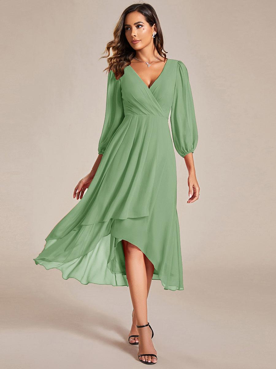 See-Through Long Sleeves V-Neck A-Line Chiffon Wedding Guest Dress #color_Sage Green