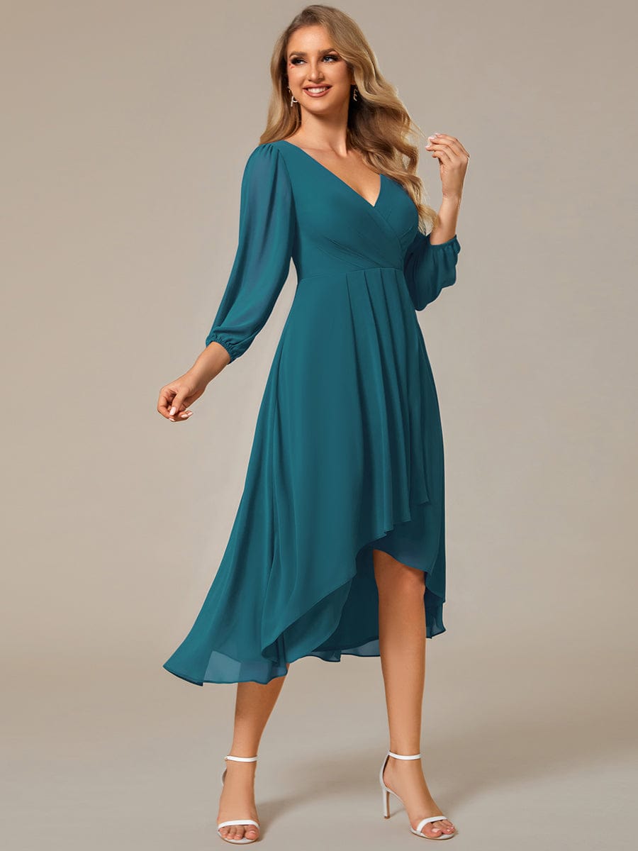 Long Sleeves Asymmetrical Hem A-Line Midi Wedding Guest Dress #color_Teal