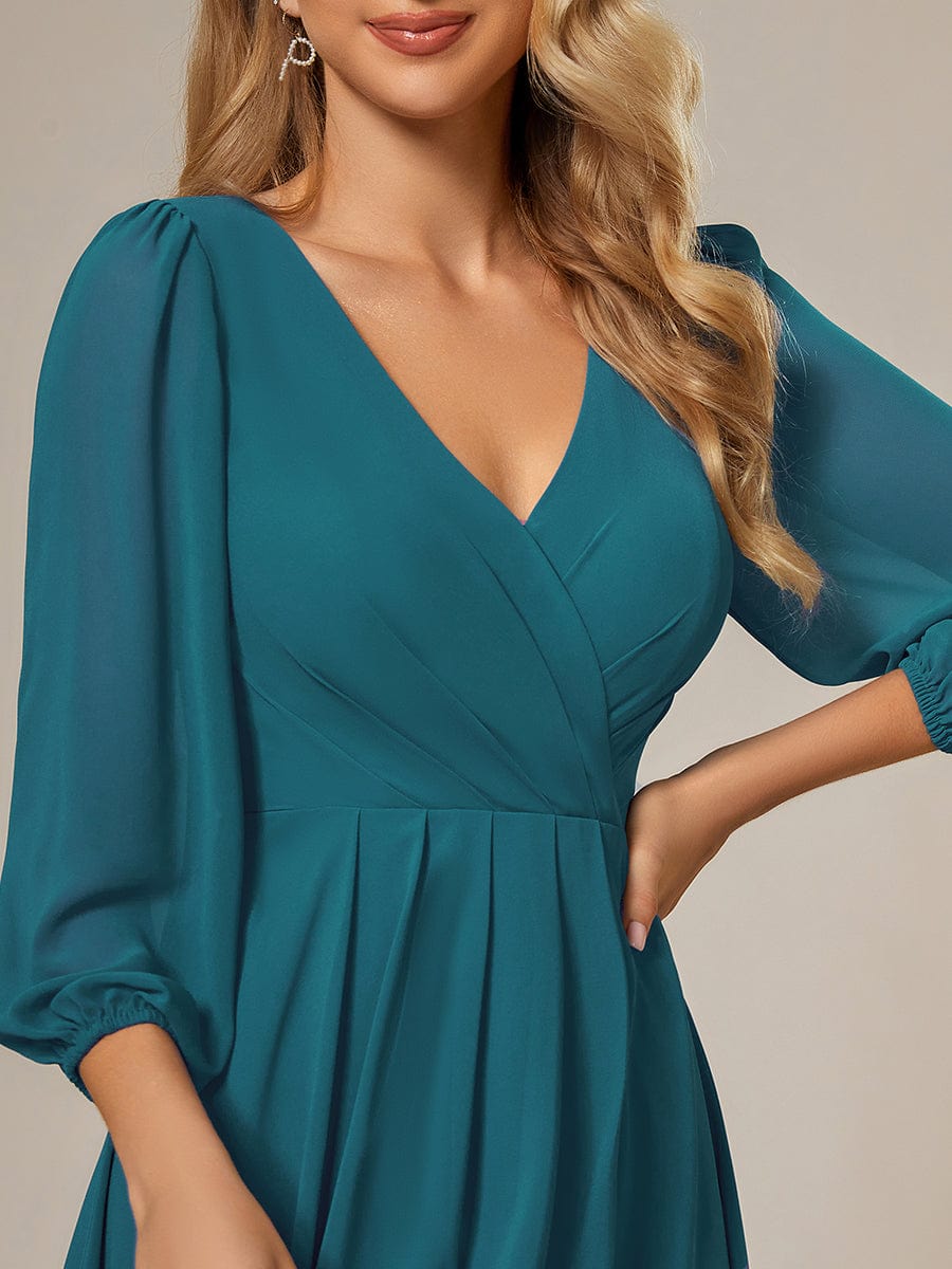 Long Sleeves Asymmetrical Hem A-Line Midi Wedding Guest Dress #color_Teal