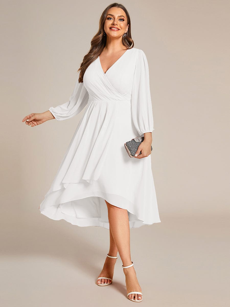 Plus Size Chiffon A-Line Long Sleeves Asymmetrical Hem Wedding Guest Dress #color_White