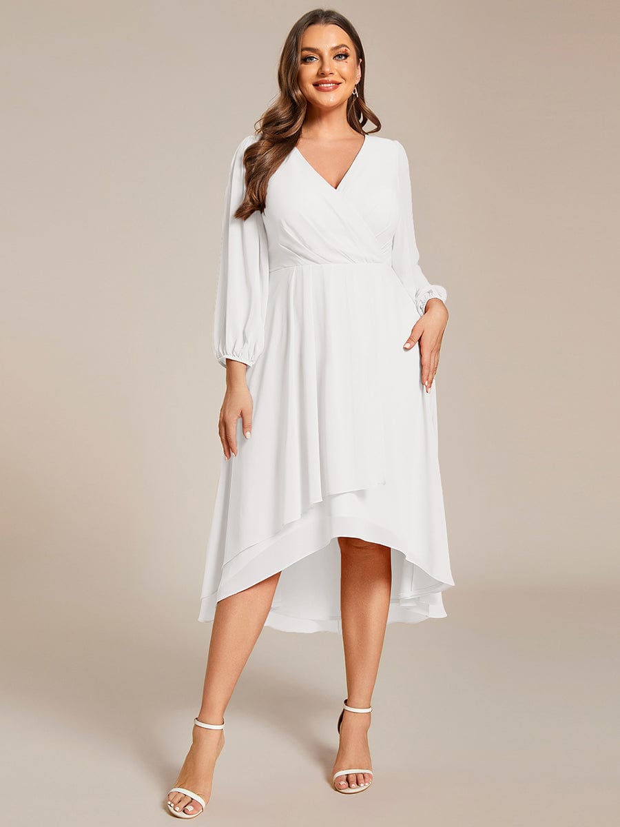 Plus Size Chiffon A-Line Long Sleeves Asymmetrical Hem Wedding Guest Dress #color_White