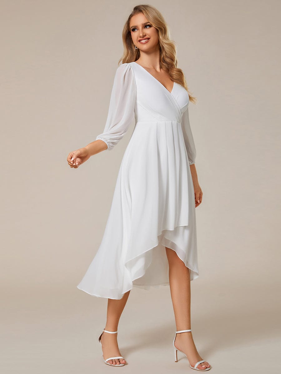 Long Sleeves Asymmetrical Hem A-Line Midi Wedding Guest Dress #color_White