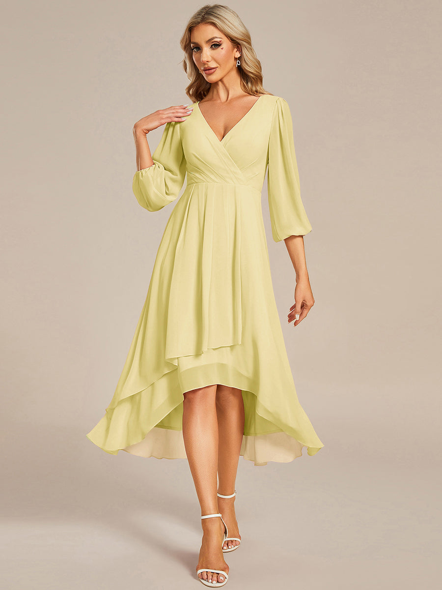 See-Through Long Sleeves V-Neck A-Line Chiffon Wedding Guest Dress #color_Yellow