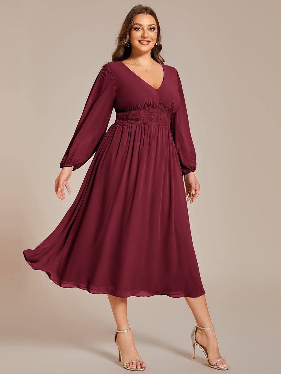 Chiffon V-Neck Long Sleeves Elastic Band Midi Wedding Guest Dress