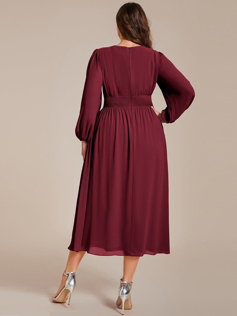 Chiffon V-Neck Long Sleeves Elastic Band Midi Wedding Guest Dress