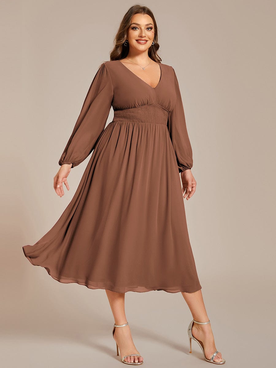 Custom Size Chiffon V-Neck Long Sleeves Elastic Band Midi Wedding Guest Dress #color_Brown