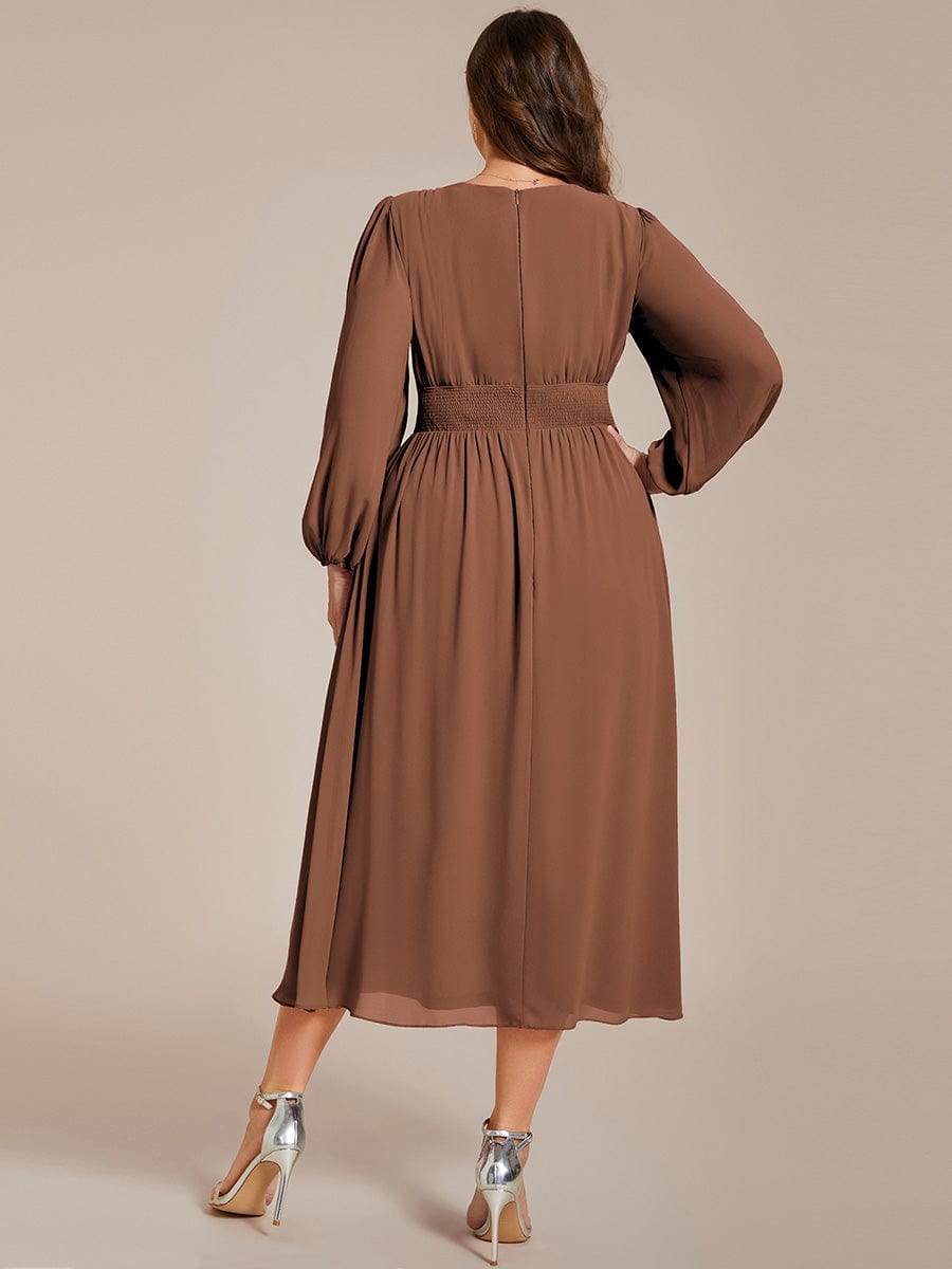 Custom Size Chiffon V-Neck Long Sleeves Elastic Band Midi Wedding Guest Dress #color_Brown