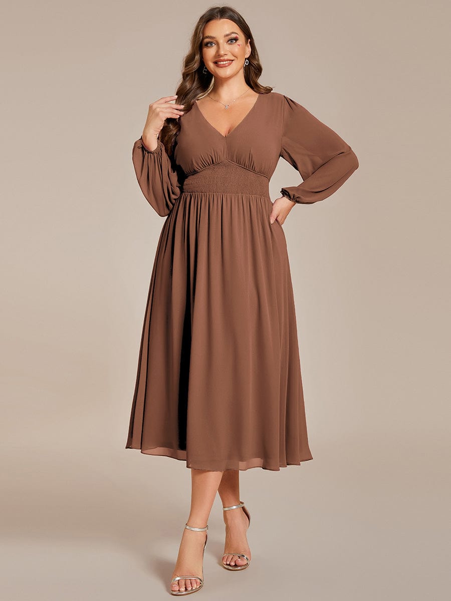 Custom Size Chiffon V-Neck Long Sleeves Elastic Band Midi Wedding Guest Dress #color_Brown