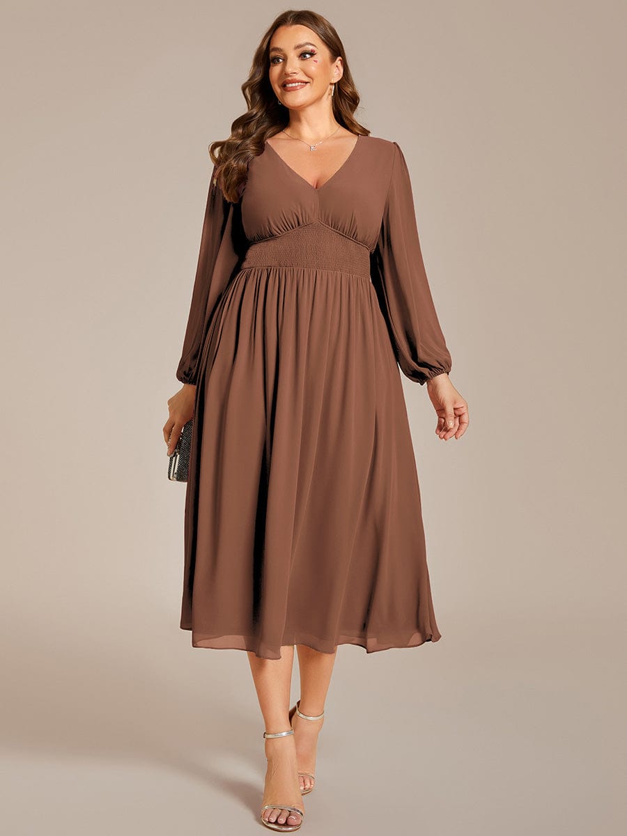 Custom Size Chiffon V-Neck Long Sleeves Elastic Band Midi Wedding Guest Dress #color_Brown