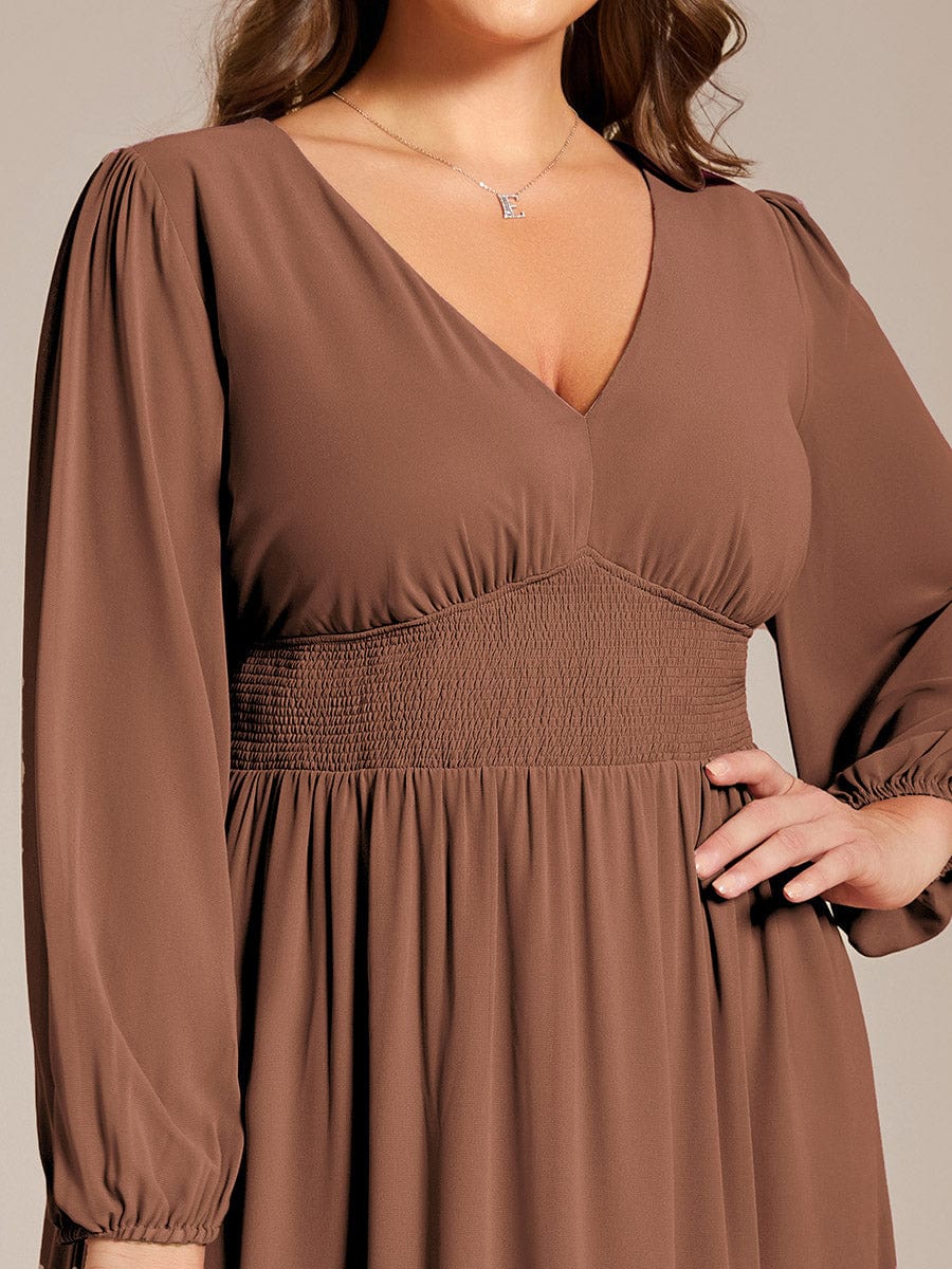 Custom Size Chiffon V-Neck Long Sleeves Elastic Band Midi Wedding Guest Dress #color_Brown