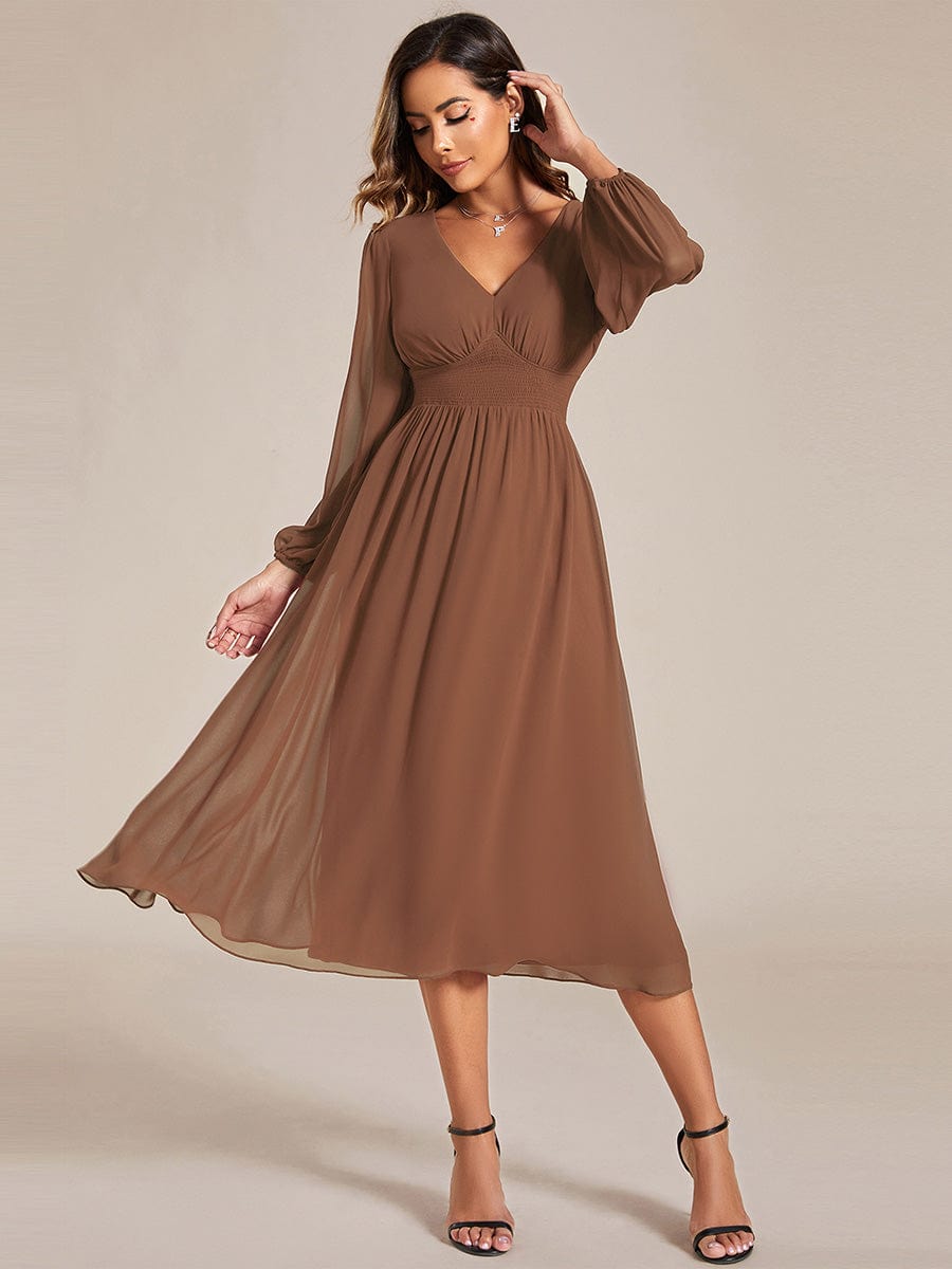 Custom Size Chiffon V-Neck Long Sleeves Elastic Band Midi Wedding Guest Dress #color_Brown